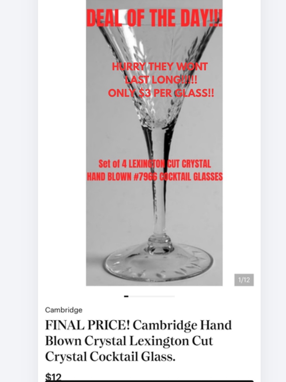 DEAL OF THE DAY! Set of 4 Hand Blown Cut Crystal Lexington Cocktail Glasses.